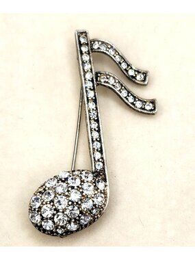 Silver Tone Music Note Brooch With Rhinestone Accents - 2"